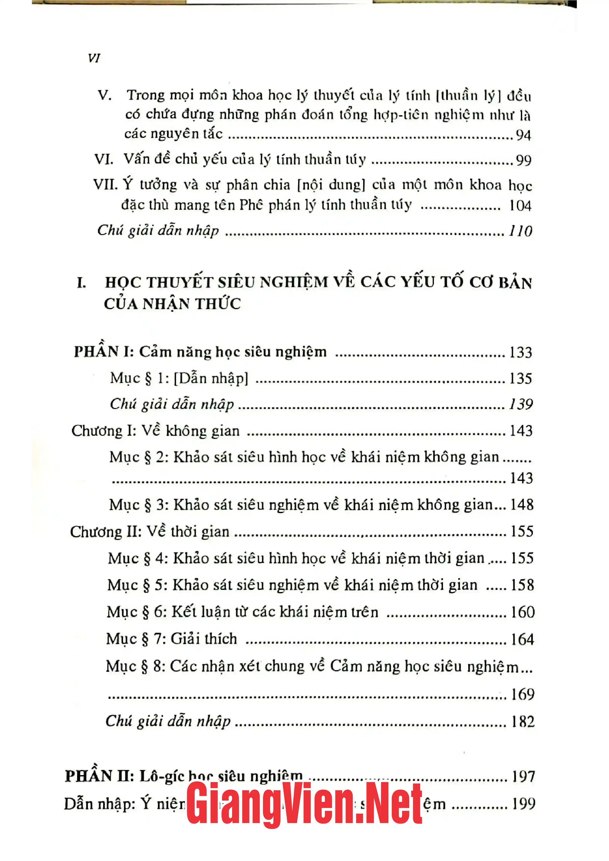 Mục lục chi tiết trang 1 sách Phê phán lý tính thuần tuý
