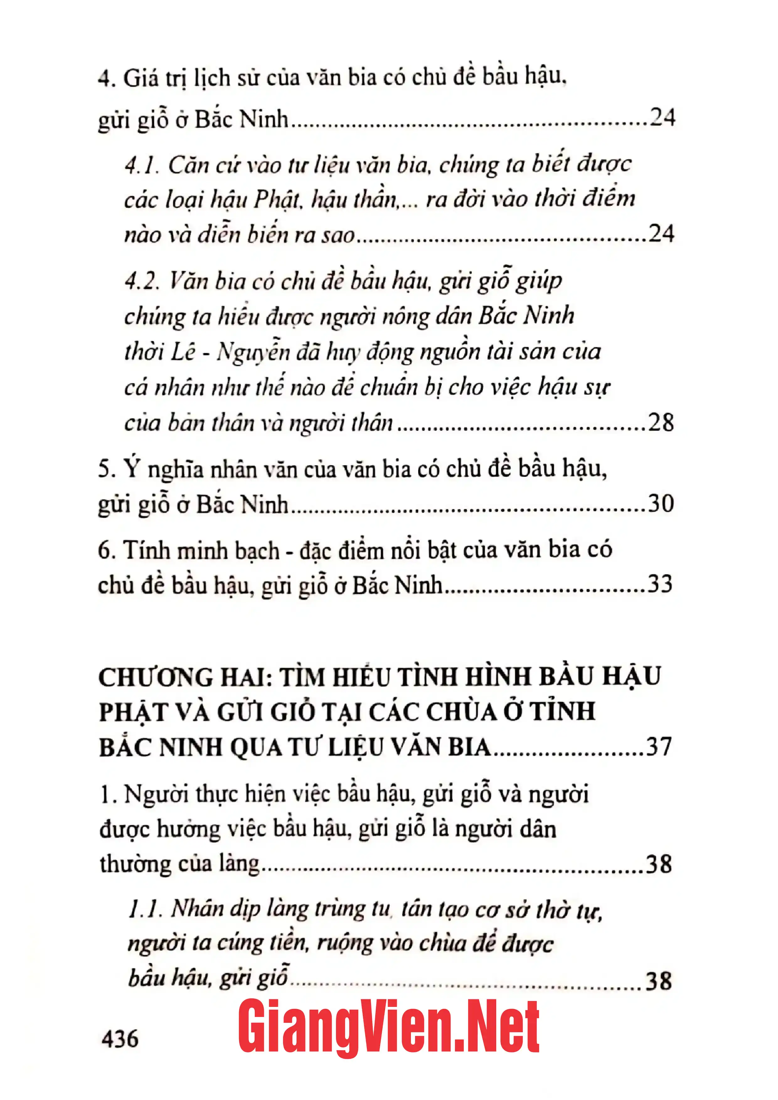 Mục lục chi tiết trang 1 sách Tìm hiểu tục Bầu Hậu gửi giỗ ở Bắc Ninh qua tư liệu văn bia