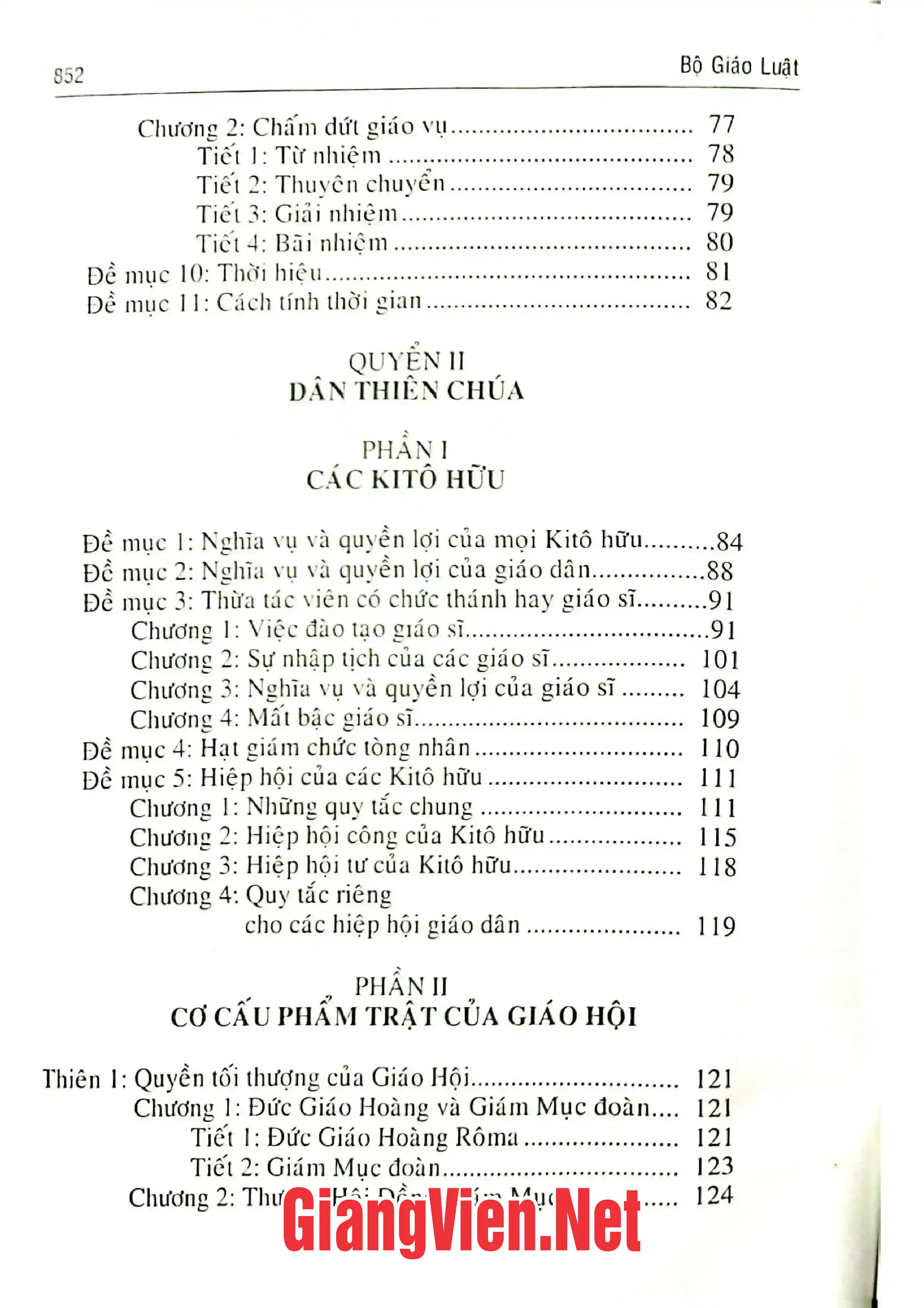 Mục lục chi tiết trang 1 sách Bộ Giáo luật 1983