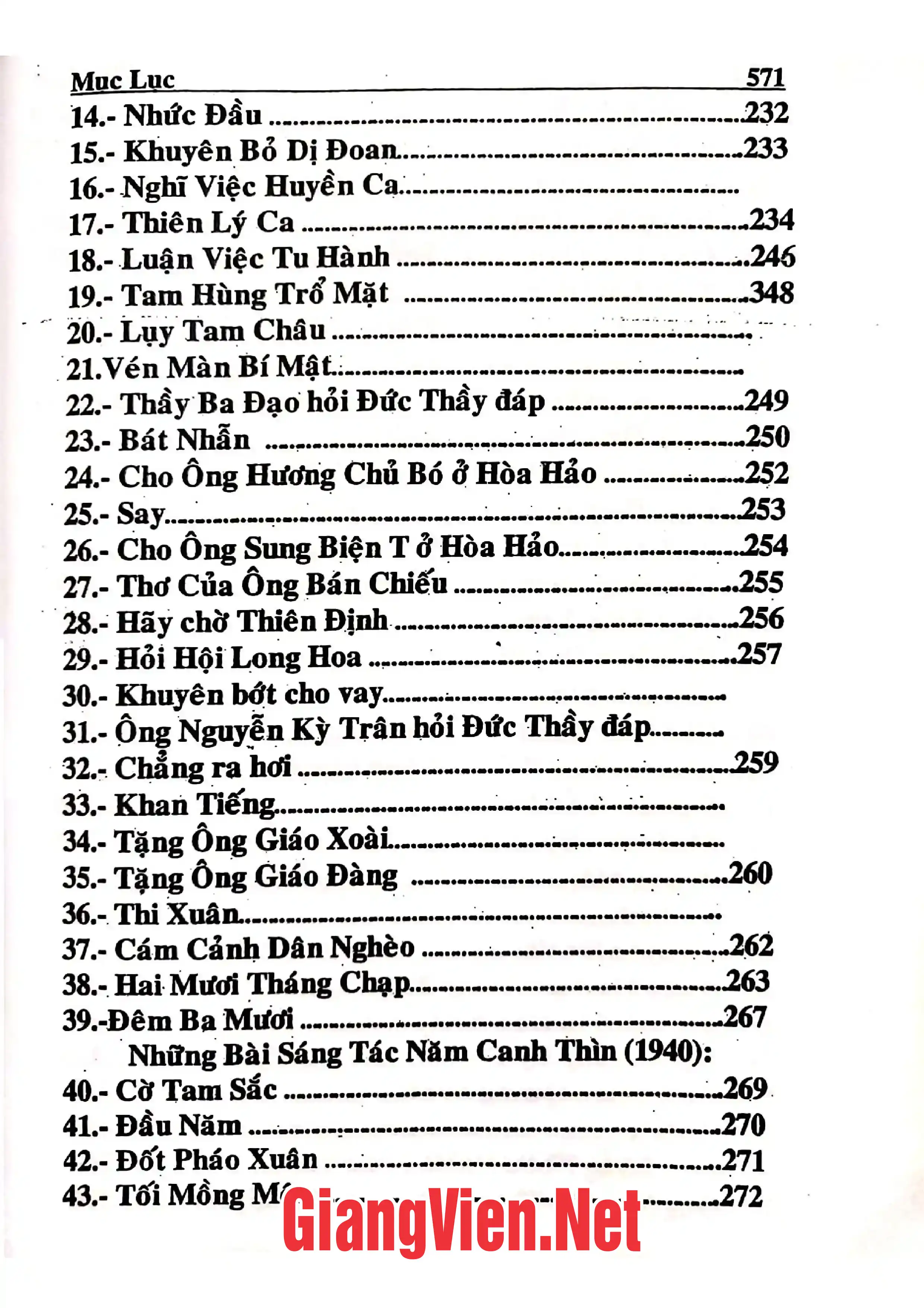 Mục lục chi tiết trang 1 sách Sấm giảng thi văn giáo lý Toàn bộ của Đức Huỳnh Giáo Chủ