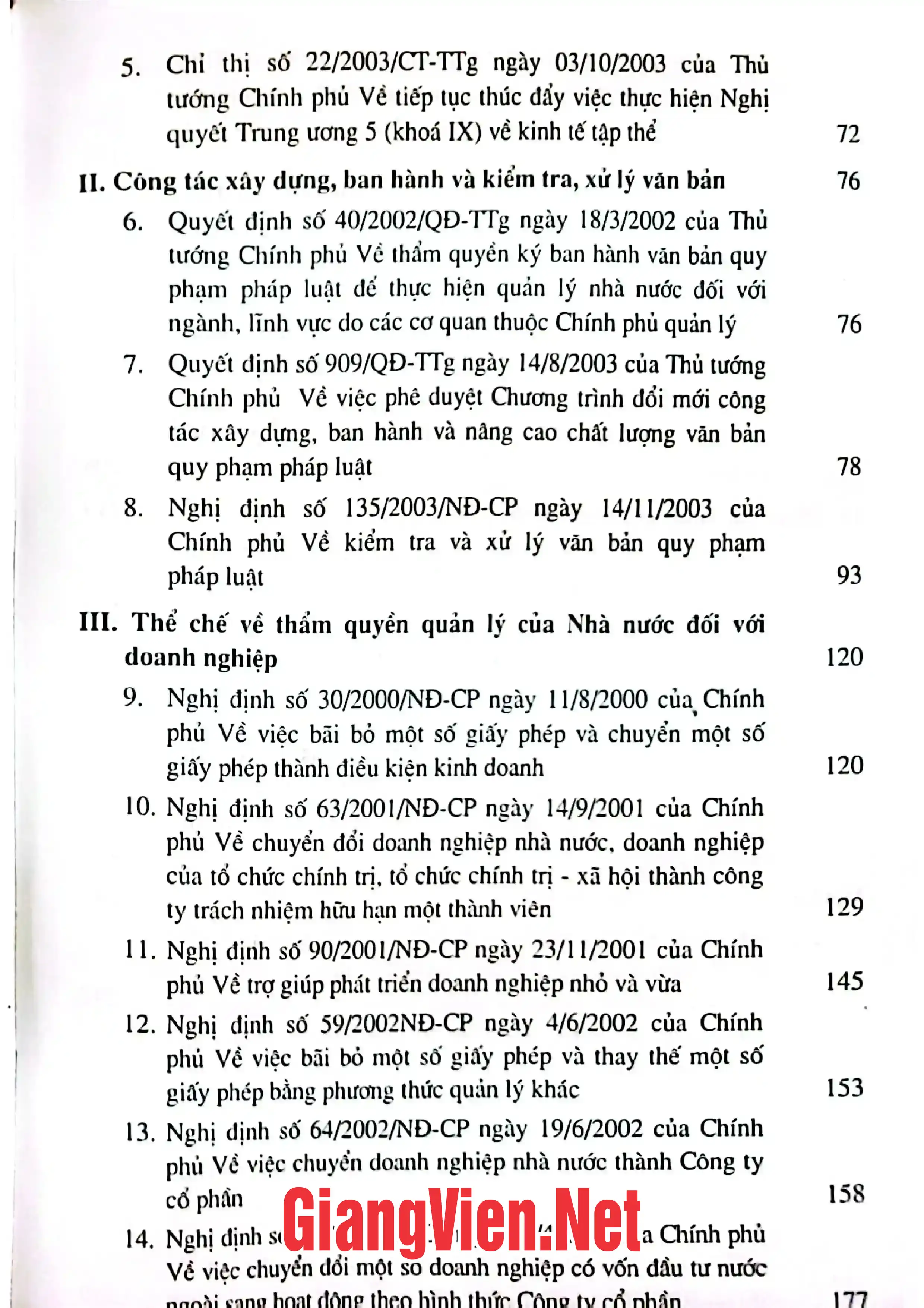 Mục lục chi tiết trang 1 sách Những quy định mới nhất của chính phủ về cải cách hành chính
