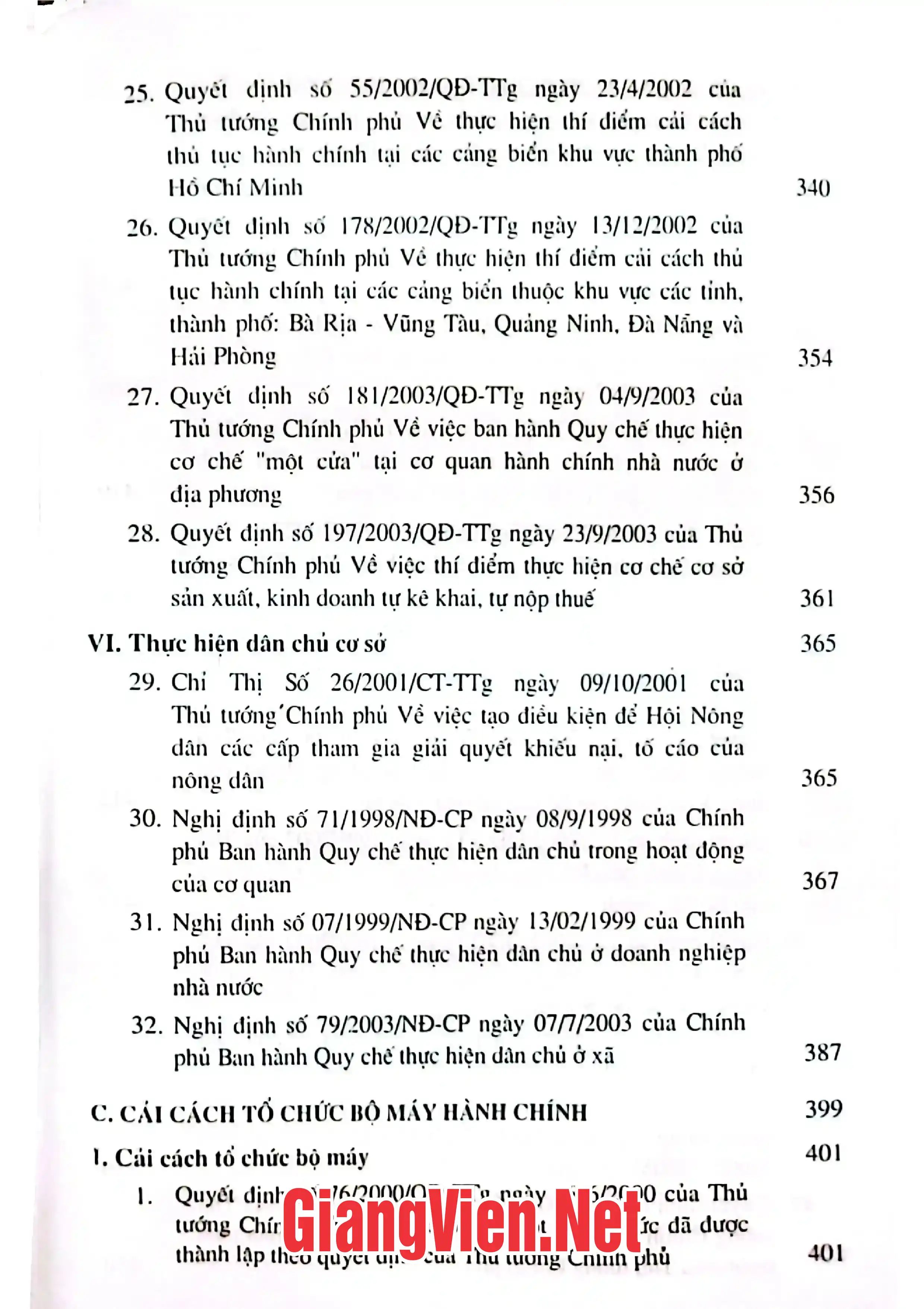 Mục lục chi tiết trang 3 sách Những quy định mới nhất của chính phủ về cải cách hành chính
