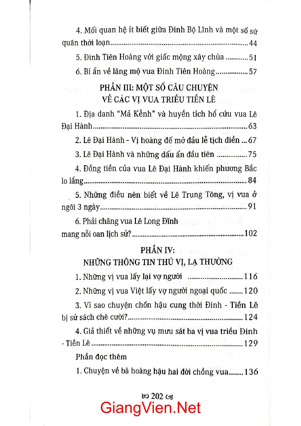 Mục lục chi tiết trang 1 sách Những điều ít biết về các vị vua triều Đinh tiền Lê