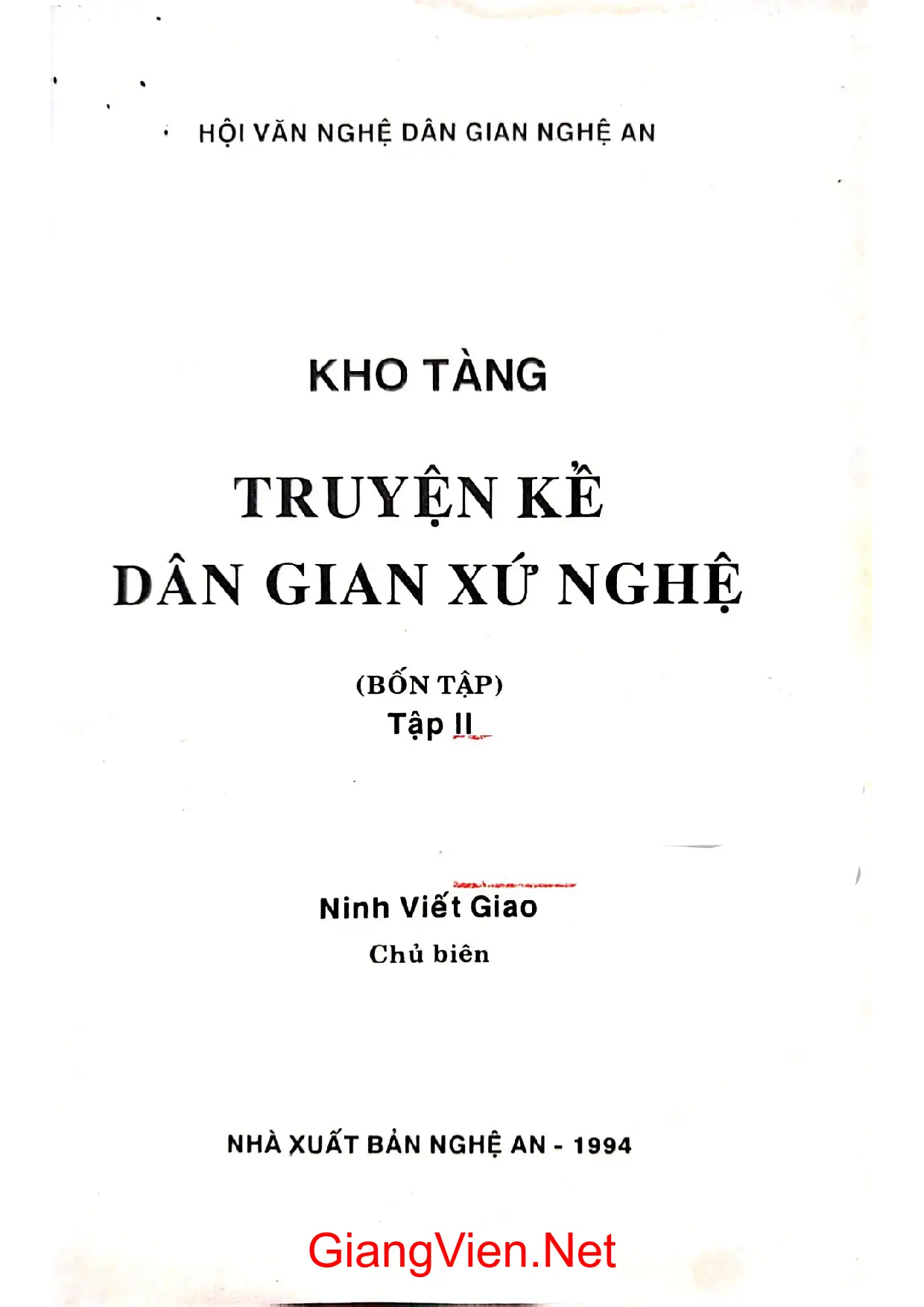Trang bìa chính thức sách Kho tàng truyện kể dân gian xứ Nghệ Tập 2