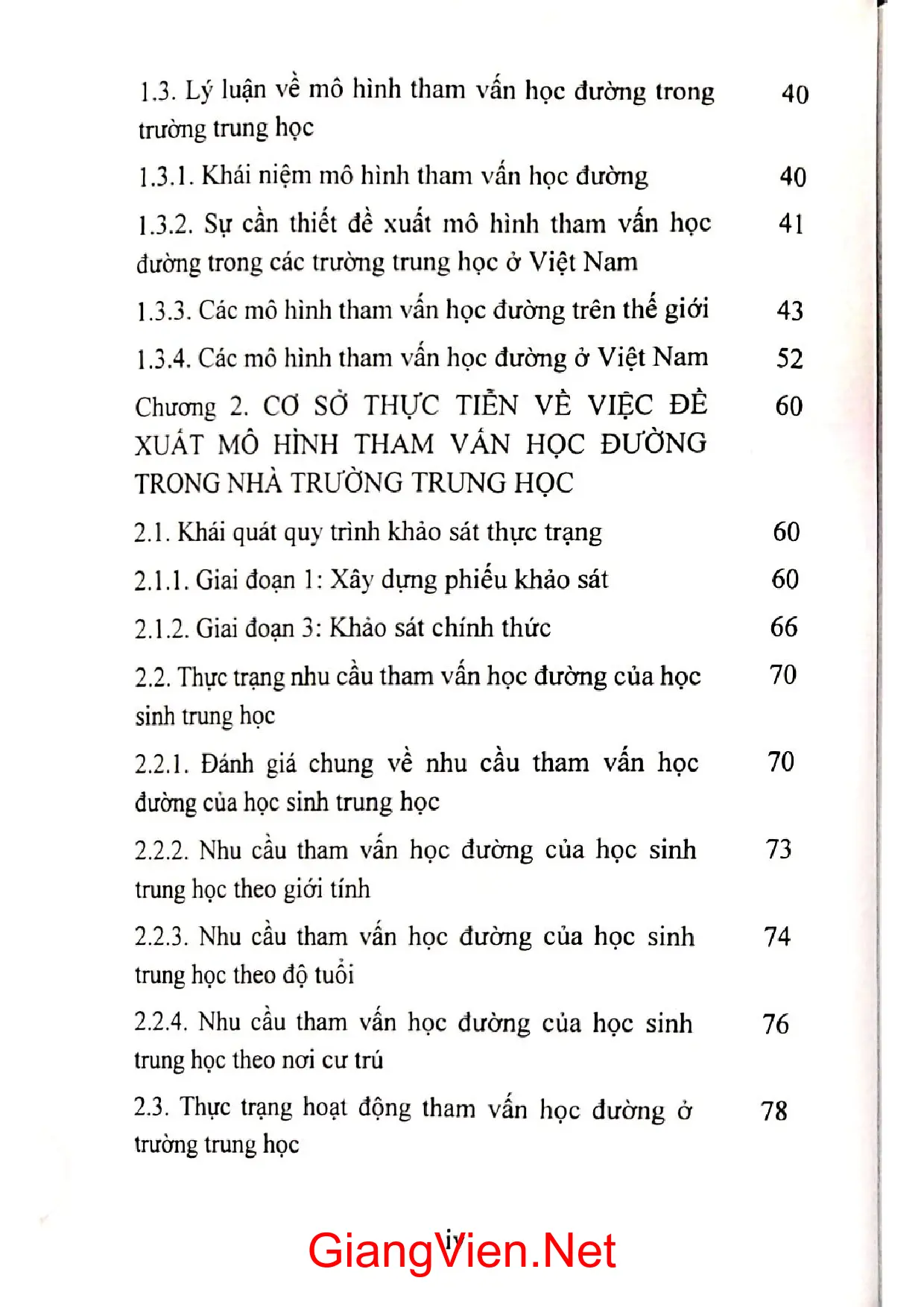 Mục lục chi tiết trang 1 sách Mô hình tham vấn học đường ở trường trung học của Đinh Thị Hồng Vân và Vũ Đình Bảy