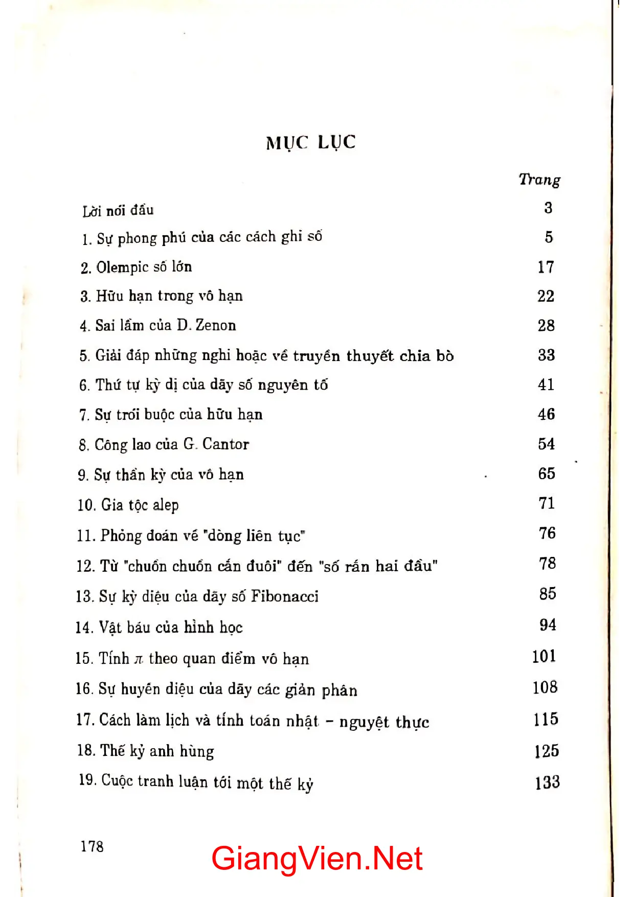 Mục lục chi tiết trang 2 sách Các câu chuyện toán học tập 4 hữu hạn trong vô hạn
