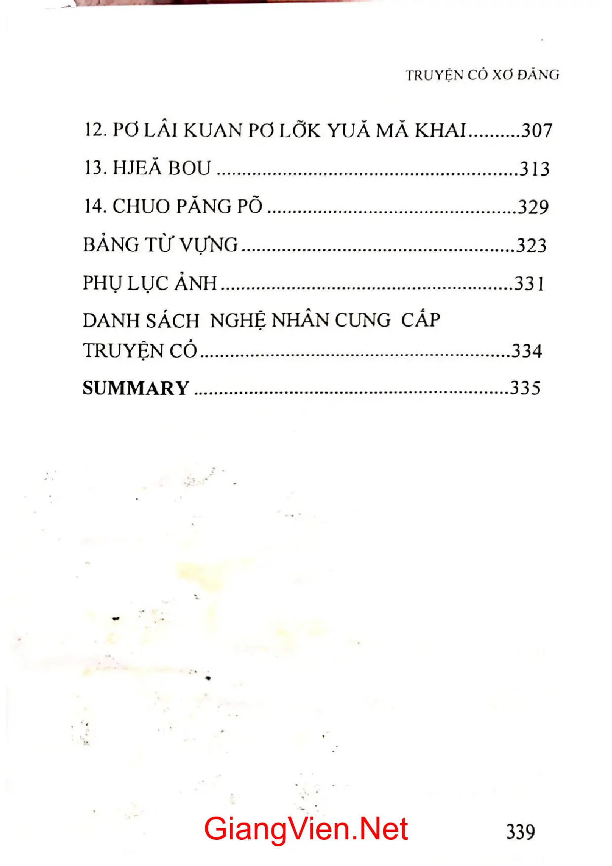 Mục lục chi tiết trang 2 sách Truyện cổ Xơ Đăng
