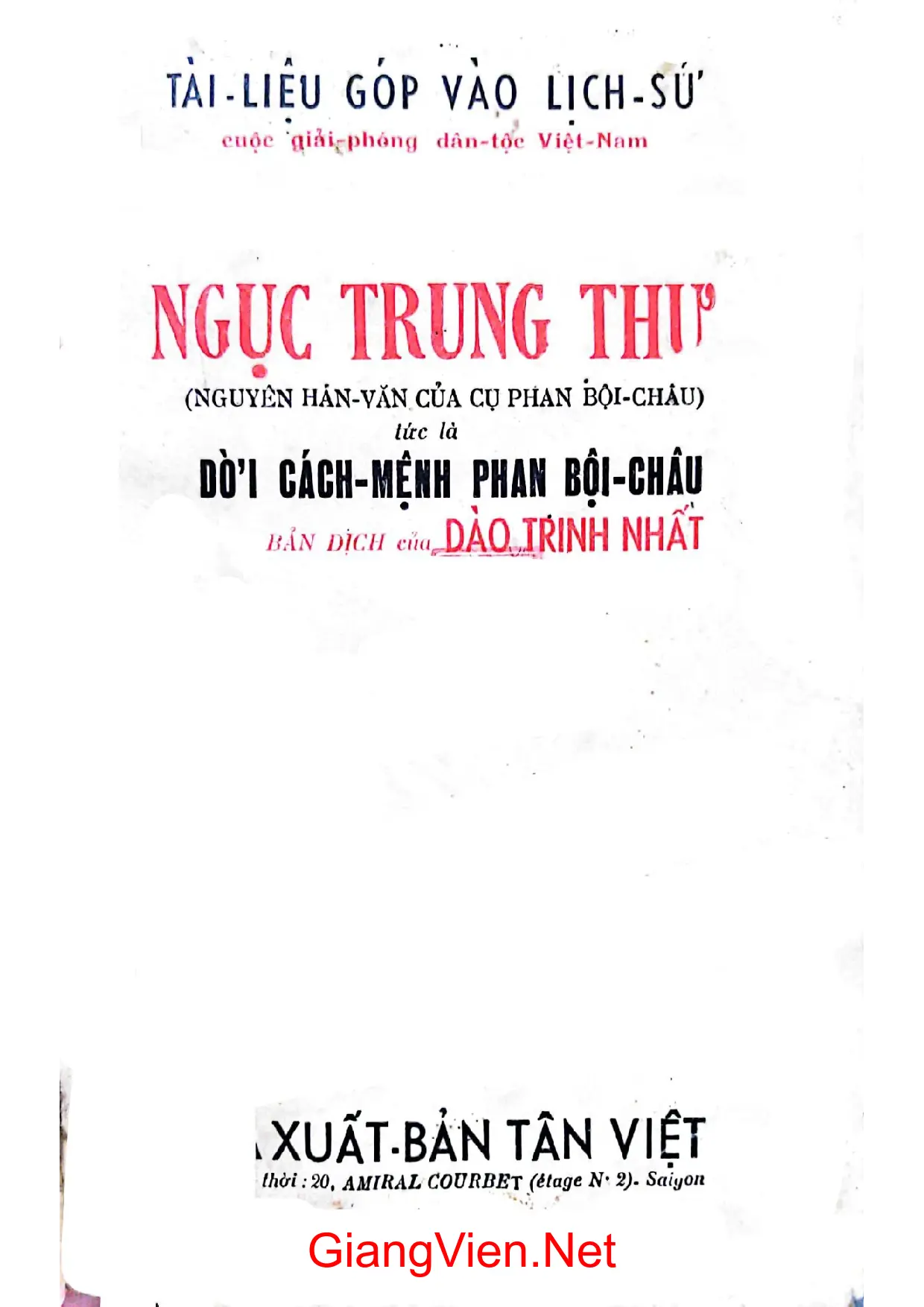 Ảnh bìa của Ngục trung thư nguyên hán văn của cụ Phan Bội Châu đời cách mệnh Phan Bội Châu