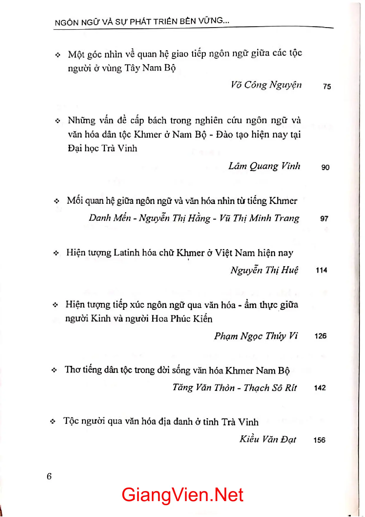 Mục lục chi tiết trang 1 sách Ngôn ngữ và sự phát triển bền vững văn hóa dân tộc thiểu số ở vùng Nam Bộ