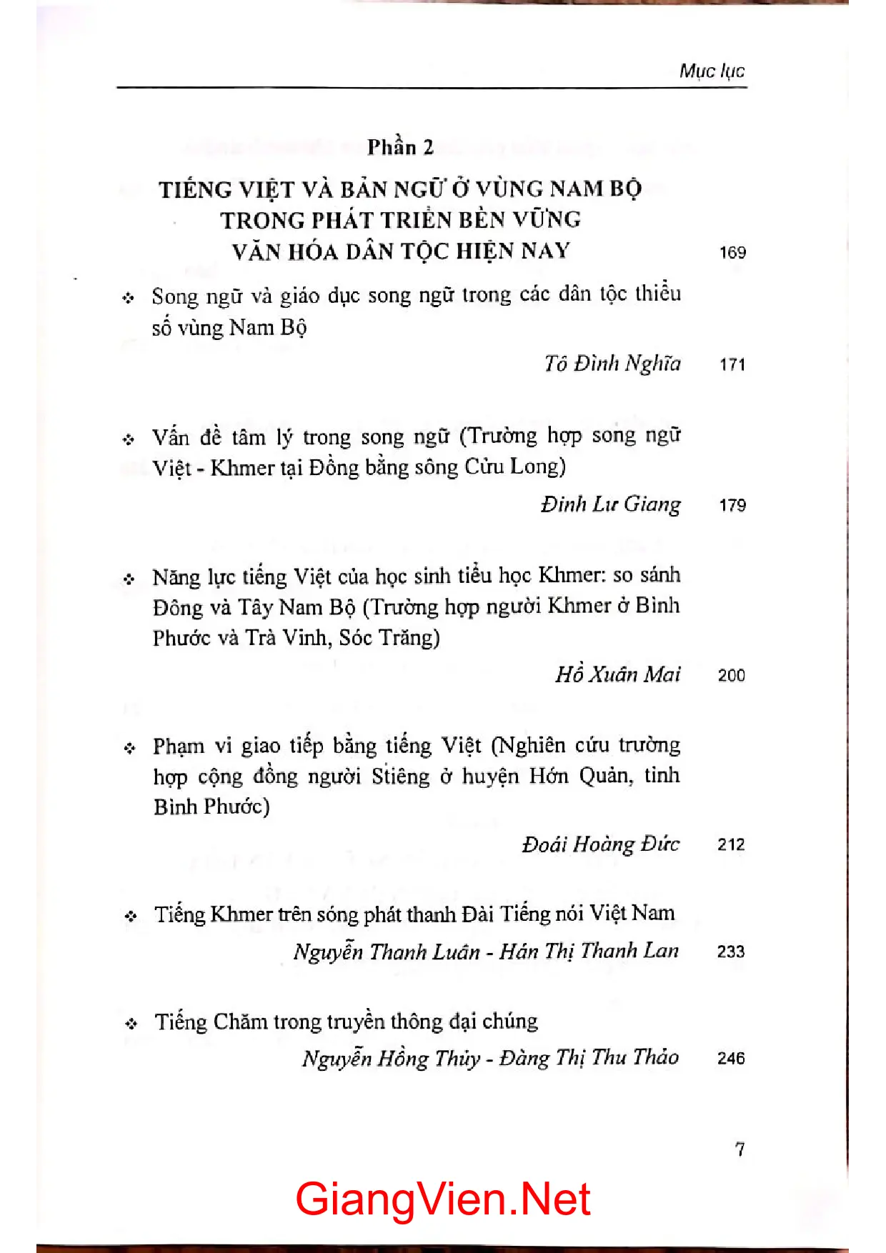Mục lục chi tiết trang 2 sách Ngôn ngữ và sự phát triển bền vững văn hóa dân tộc thiểu số ở vùng Nam Bộ