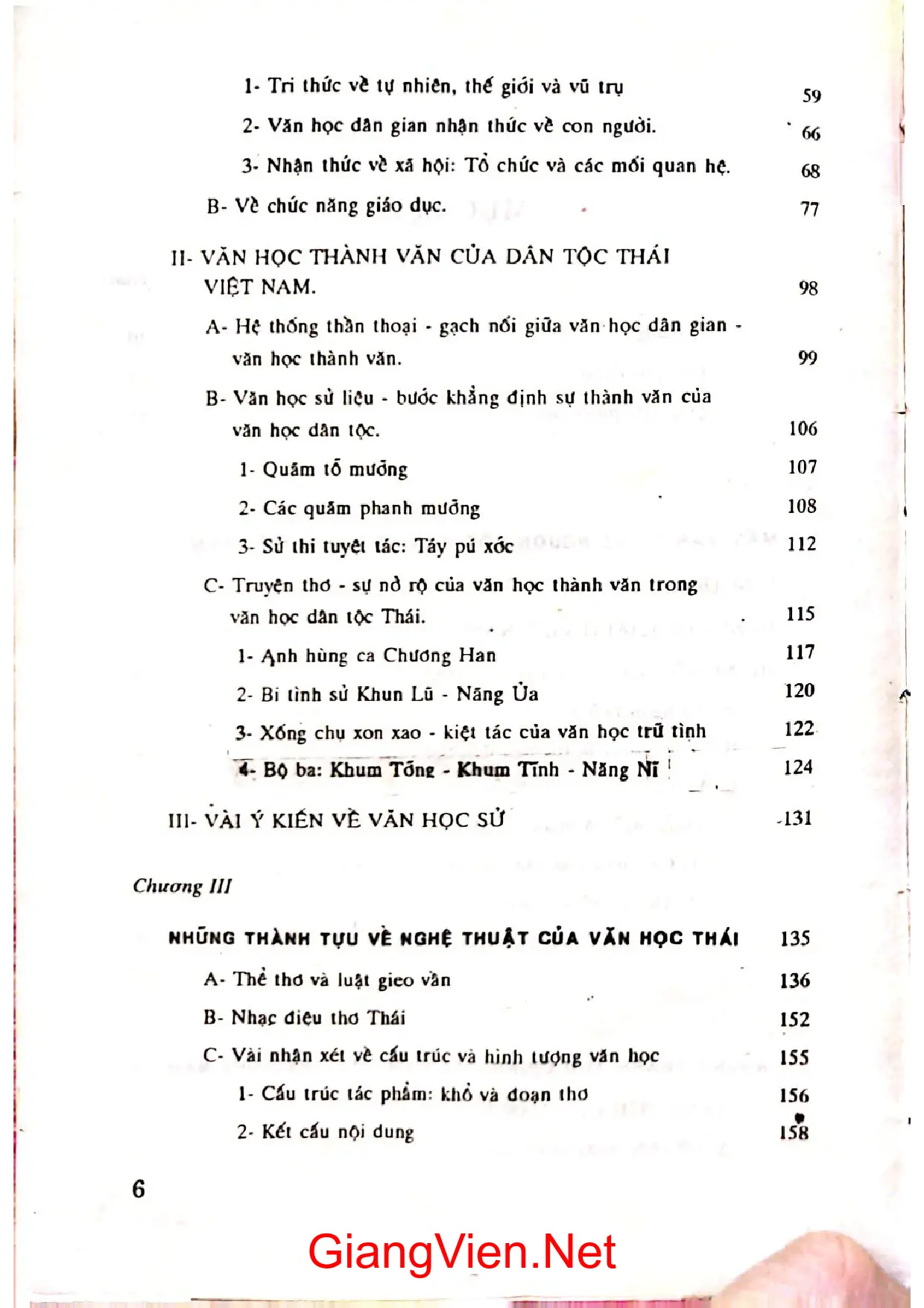 Mục lục chi tiết trang 1 sách Tìm hiểu văn học dân tộc Thái ở Việt Nam