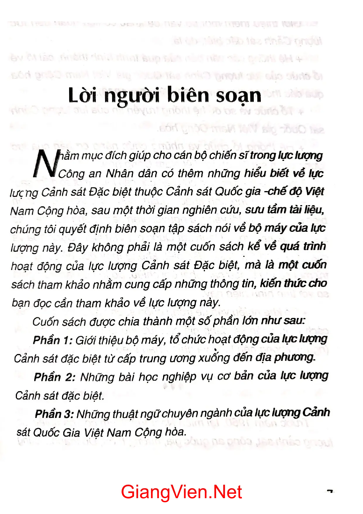 Mục lục chi tiết trang 2 sách Lực lượng cảnh sát đặc biệt Việt Nam Cộng hòa