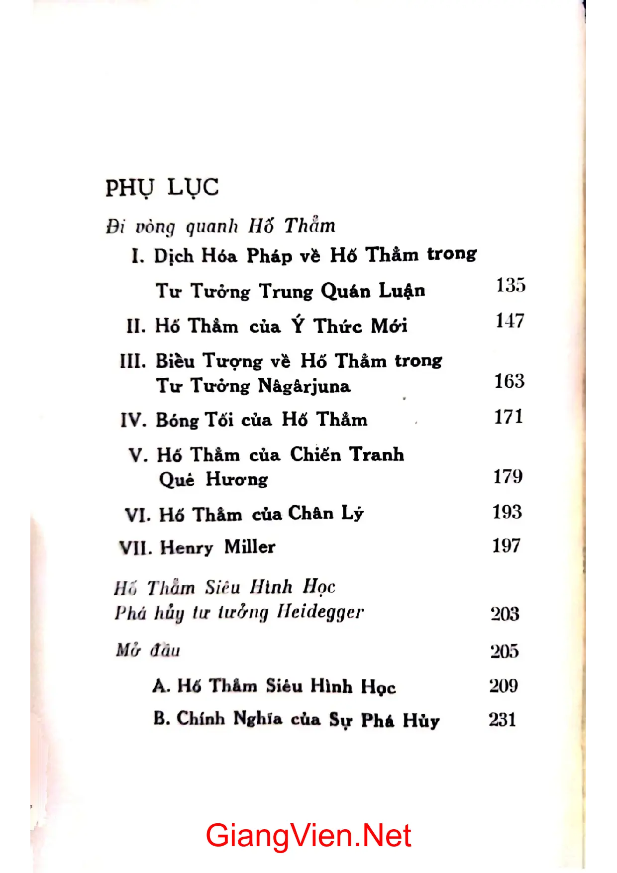 Mục lục chi tiết trang 1 sách Hố thẳm tư tưởng