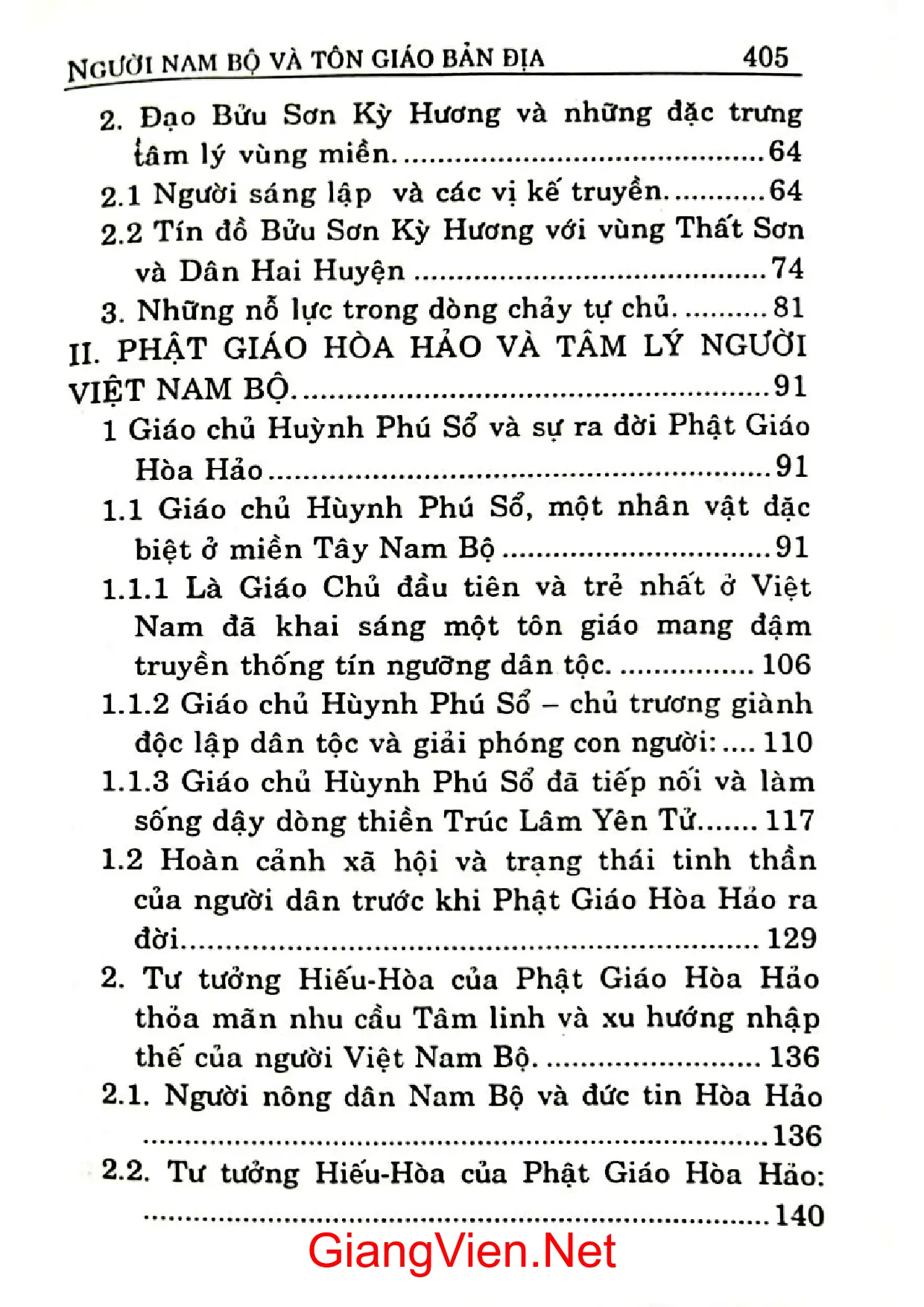 Mục lục chi tiết trang 1 sách Người Nam bộ và tôn giáo bản địa Bửu sơn kỳ hương Cao đài Hòa hảo