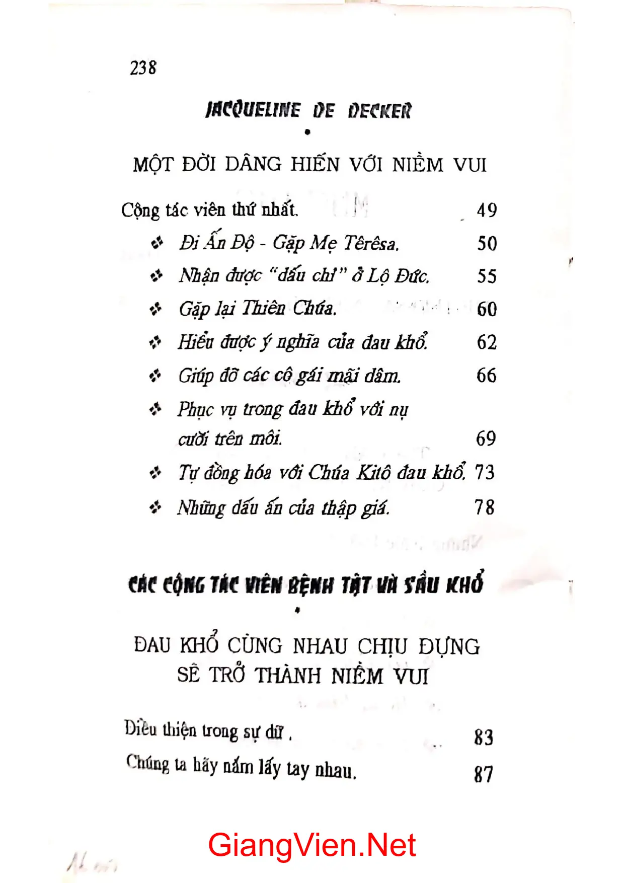 Mục lục chi tiết trang 1 sách Mẹ Têrêsa từ đau khổ đến niềm vui
