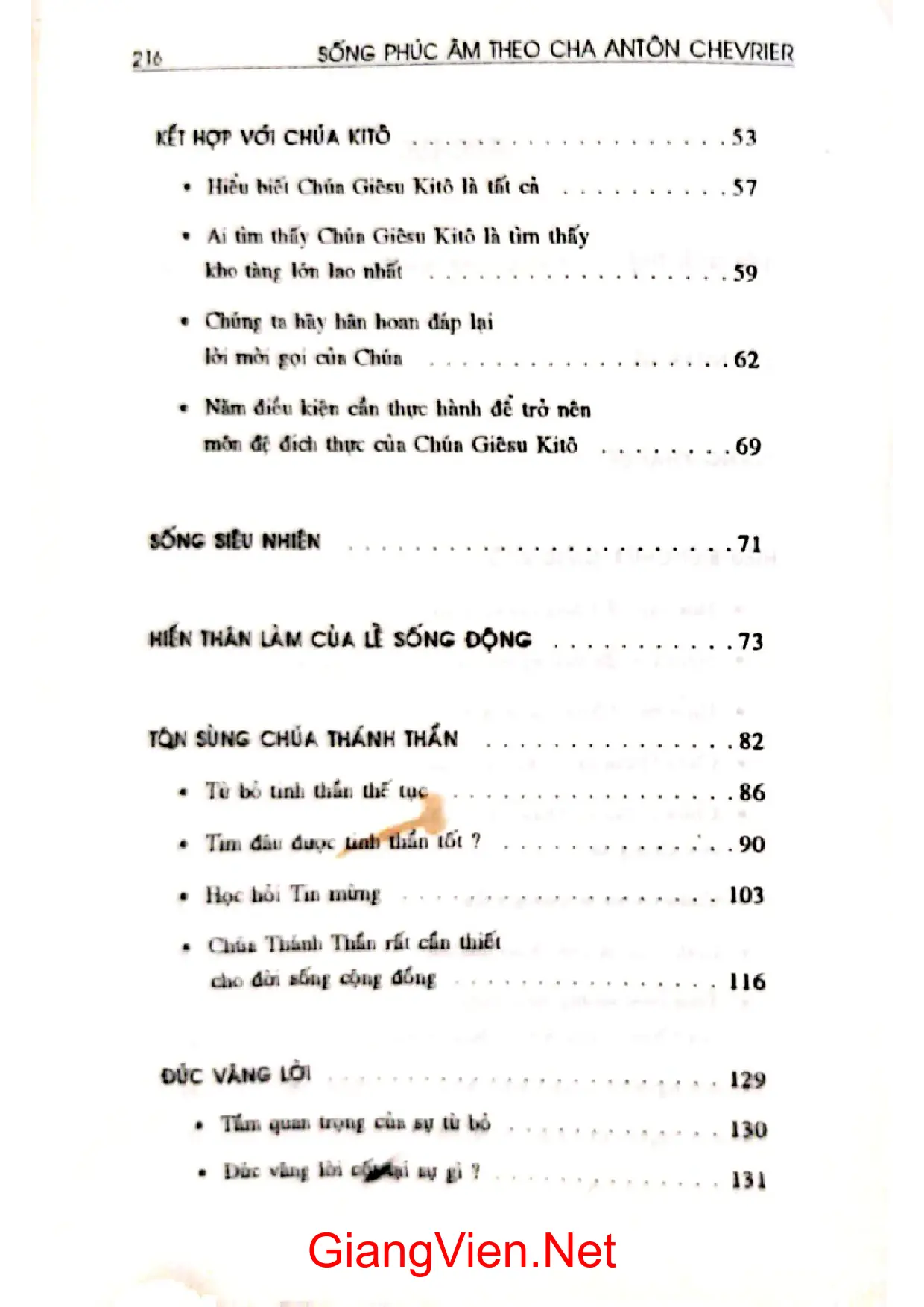 Mục lục chi tiết trang 1 sách Sống phúc âm theo cha Anton Chevrier
