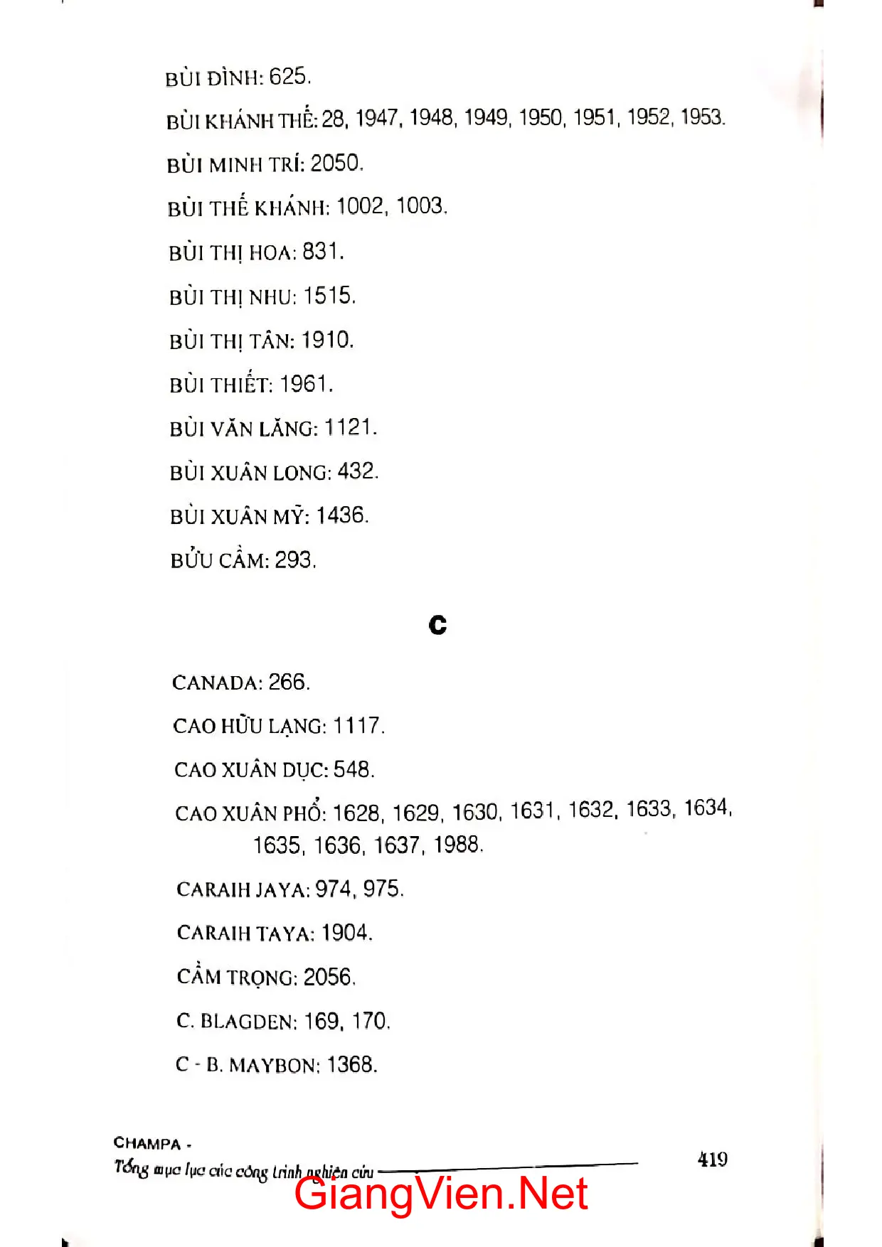 Nội dung trang phụ bản giới thiệu sách Cham pa tổng mục lục các công trình nghiên cứu
