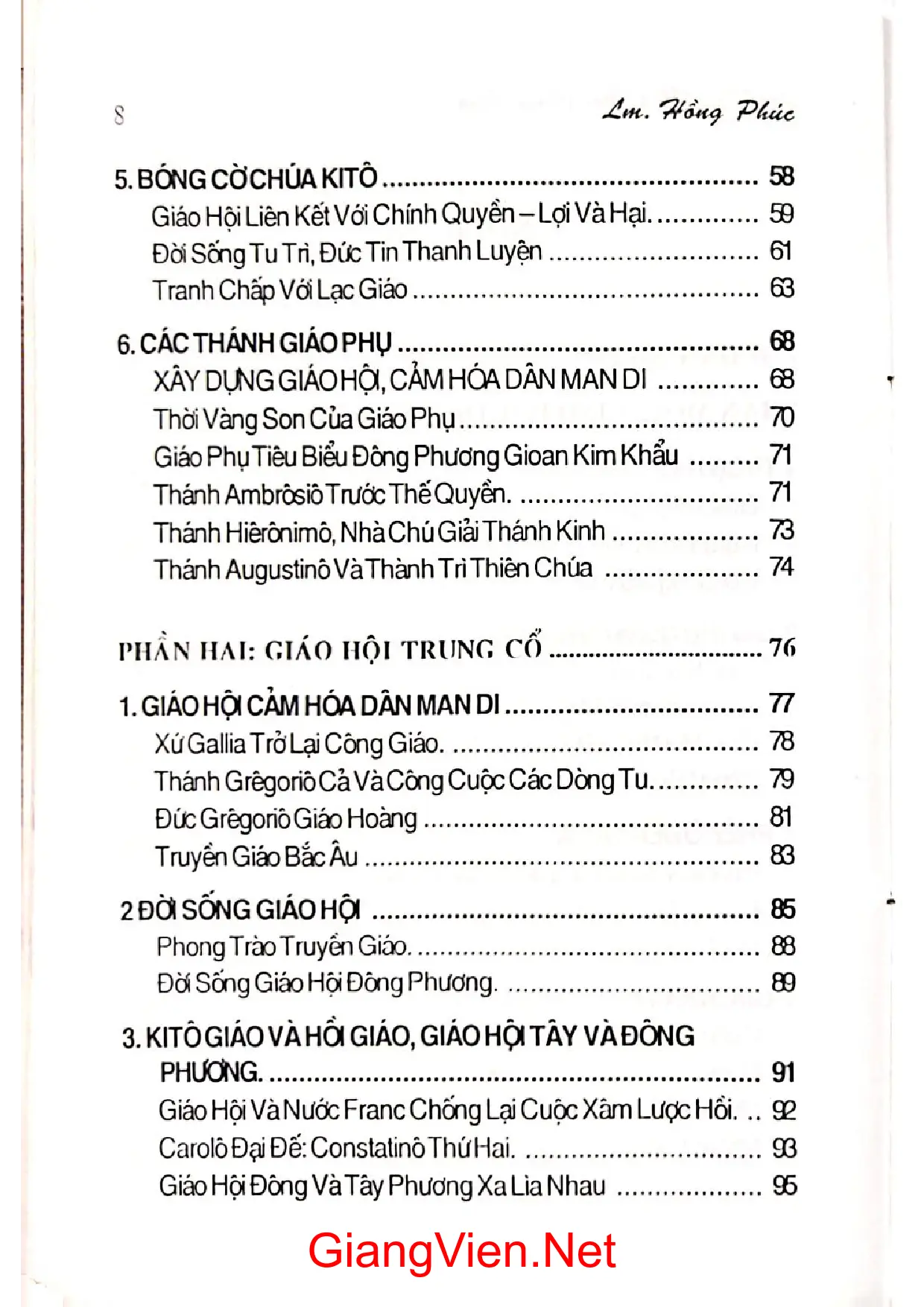Mục lục chi tiết trang 1 sách Lịch sử Giáo hội Công giáo Linh mục Hồng Phúc