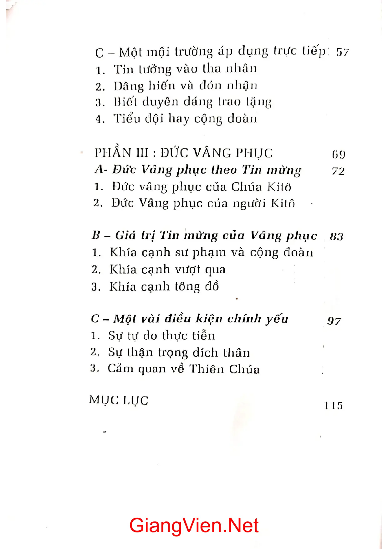 Mục lục chi tiết trang 1 sách Ý nghĩa huyền nhiệm của ba lời khấn