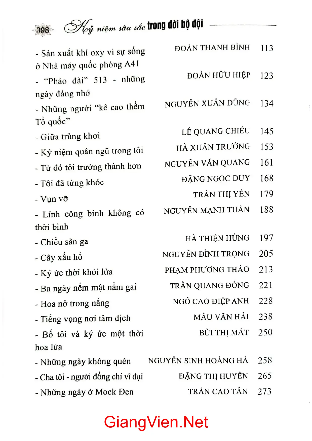 Mục lục chi tiết trang 1 sách Kỷ niệm sâu sắc trong đời bộ đội