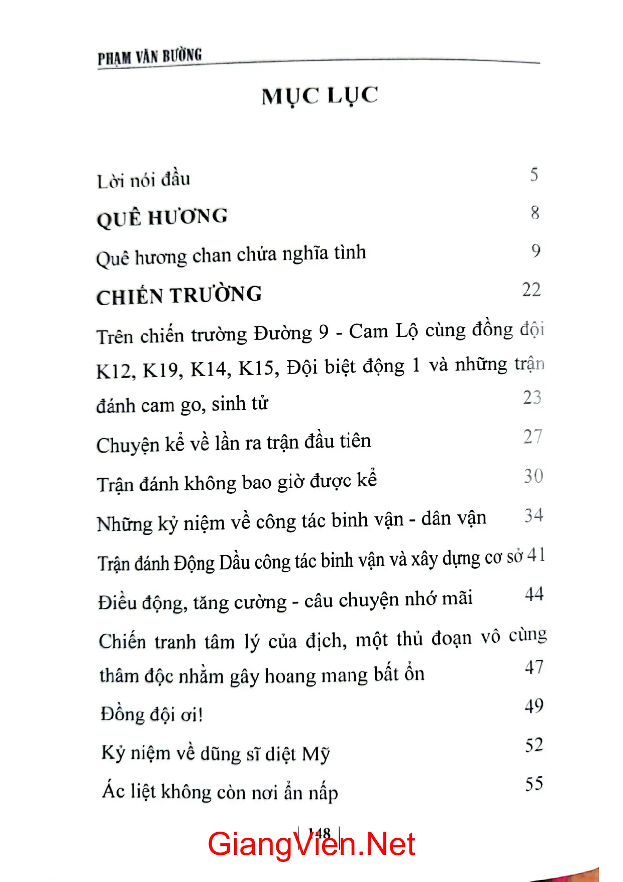 Mục lục chi tiết trang 1 sách Ký ức Quê hương Chiến trường Tình yêu và gia đình