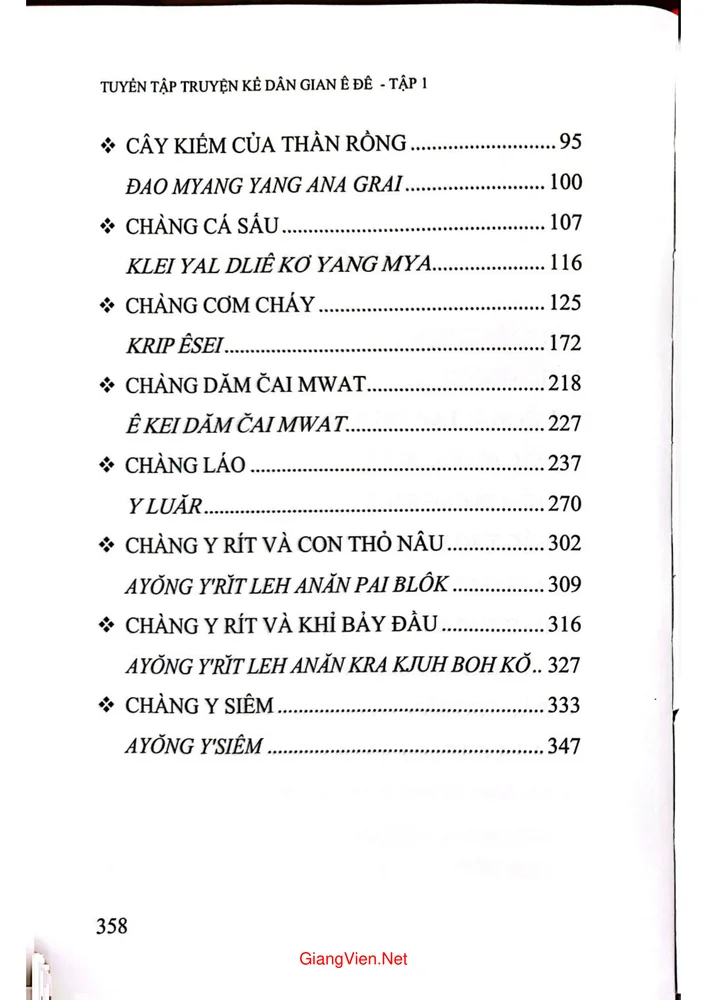 Mục lục chi tiết trang 1 sách Tuyển tập truyện kể dân gian Ê Đê (tập 1)