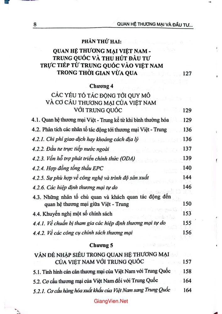Mục lục chi tiết trang 3 sách Quan hệ thương mại và đầu tư của Việt Nam với Trung Quốc