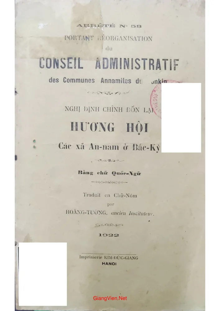 Ảnh bìa của Nghị định chỉnh đốn lại Hương hội các xã An Nam ở Bắc Kỳ