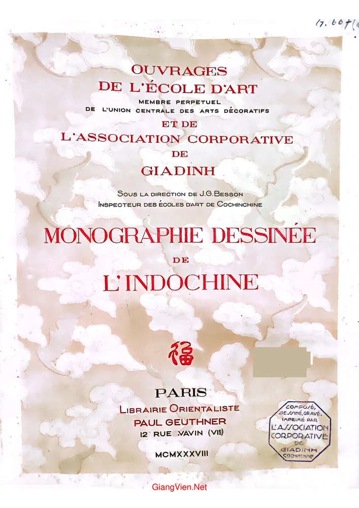 Ảnh bìa của Ouvrages de Ecole d art et de Association corporative de Giadinh (Các tác phẩm của Trường Mỹ thuật và Hiệp hội Nghề nghiệp Gia Định)