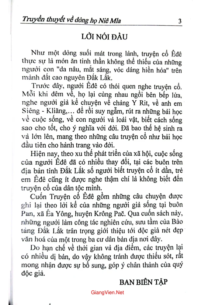 Mục lục chi tiết trang 1 sách Truyền thuyết về dòng họ Niê MLa, kho tàng truyện cổ Ê đê