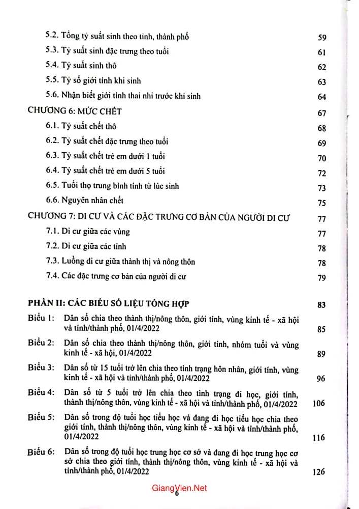 Mục lục chi tiết trang 1 sách Kết quả chủ yếu điều tra biến động dân số và kế hoạch hóa gia đình thời điểm ngày 1 tháng 4 năm 2022
