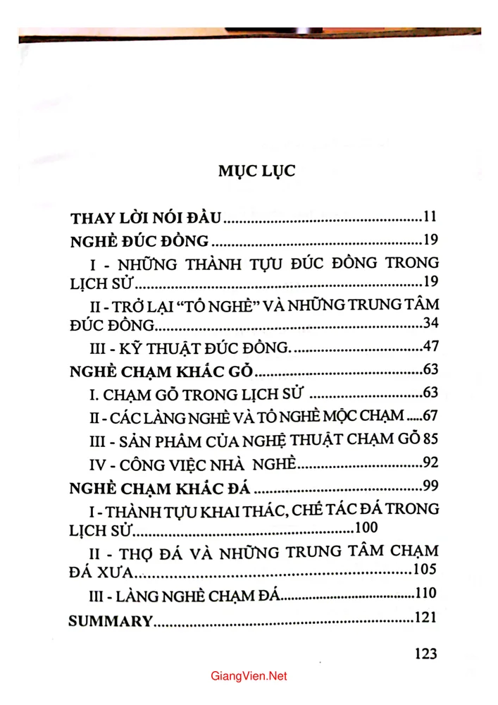 Mục lục chi tiết trang 2 sách Tìm hiểu làng nghề thủ công điêu khắc cổ truyền