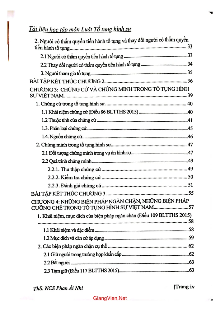 Mục lục chi tiết trang 1 sách Tài liệu học tập môn luật tố tụng hình sự 1