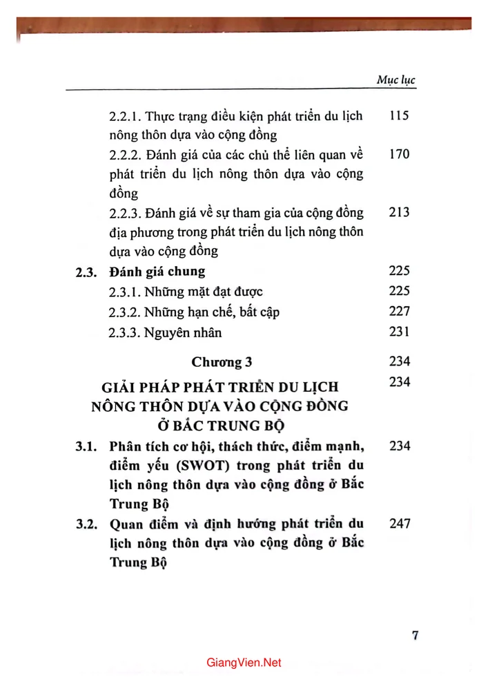 Mục lục chi tiết trang 2 sách Phát triển du lịch nông thôn dựa vào cộng đồng tại Bắc Trung bộ