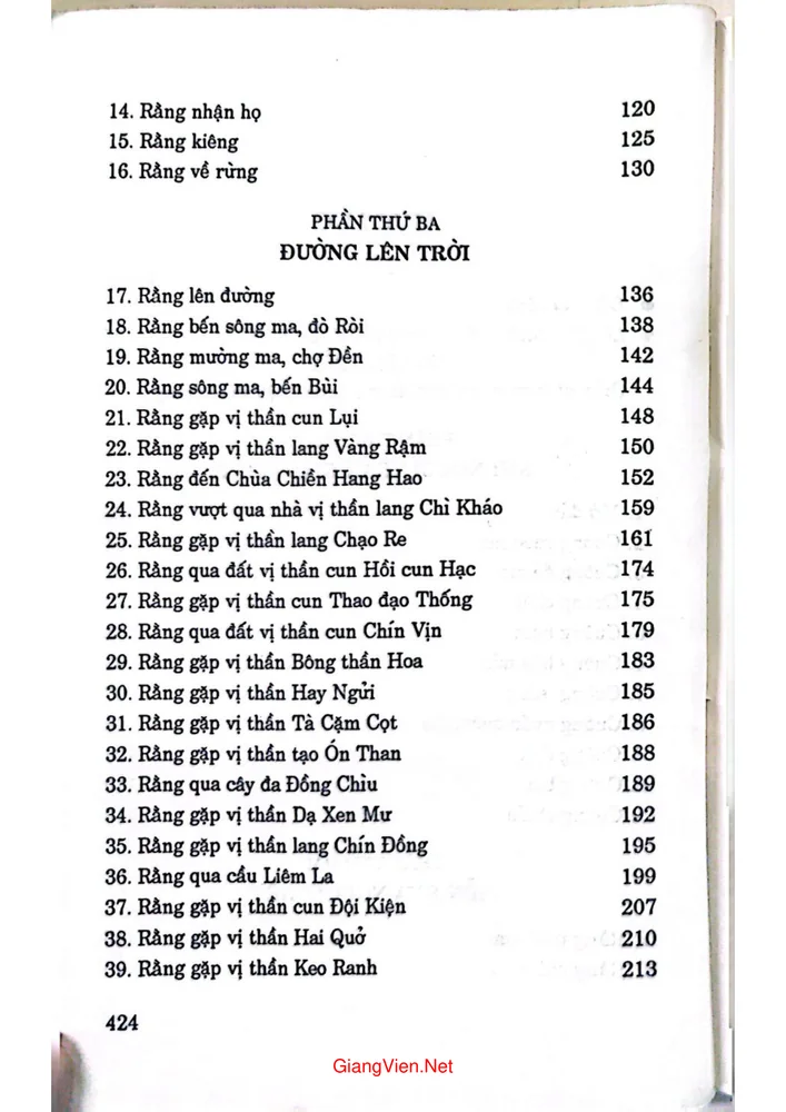 Mục lục chi tiết trang 1 sách Mo lên trời. Bài ca đưa hồn người chết đến cõi vĩnh hằng. Tác phẩm tối cổ của dân tộc Mường (tái bản)