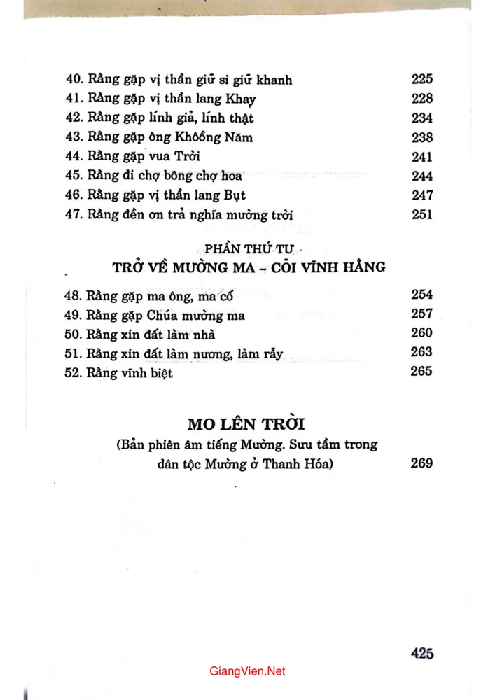Mục lục chi tiết trang 2 sách Mo lên trời. Bài ca đưa hồn người chết đến cõi vĩnh hằng. Tác phẩm tối cổ của dân tộc Mường (tái bản)