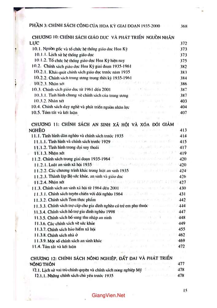 Mục lục chi tiết trang 6 sách Chính sách công của Hoa Kỳ giai đoạn 1935 - 2001