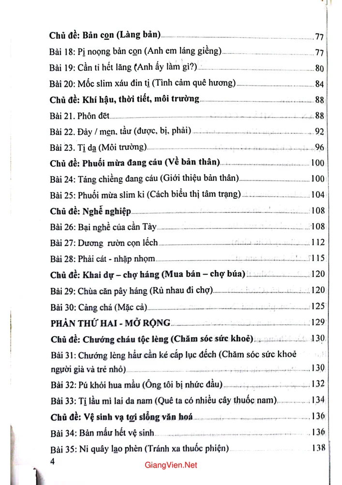 Mục lục chi tiết trang 1 sách Học tiếng Tày 50 bai