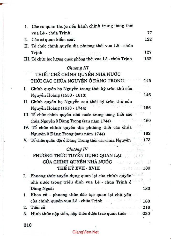 Mục lục chi tiết trang 1 sách Thiết chế và phương thức tuyển dụng quan lại của chính quyền nhà nước trong lịch sử Việt Nam thế kỷ XVII và XVIII