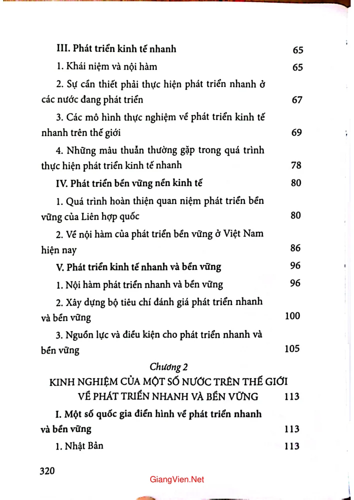Mục lục chi tiết trang 1 sách Phát triển nhanh và bền vững kinh nghiệm thành công của thế giới và định hướng chính sách của Việt Nam trong điều kiện mới