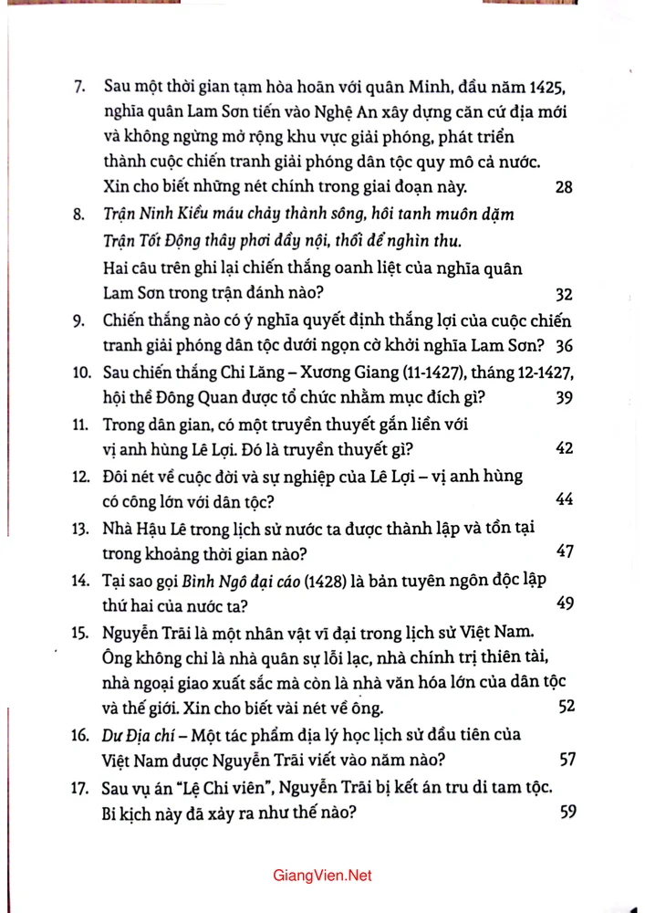 Mục lục chi tiết trang 1 sách Hỏi đáp lịch sử Việt Nam từ khởi nghĩa Lam Sơn đến nửa đầu thế kỷ 19 tập 3