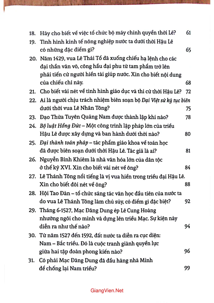 Mục lục chi tiết trang 2 sách Hỏi đáp lịch sử Việt Nam từ khởi nghĩa Lam Sơn đến nửa đầu thế kỷ 19 tập 3