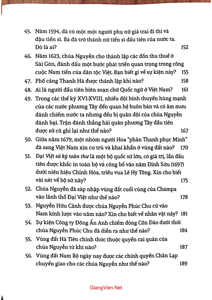 Mục lục chi tiết trang 4 sách Hỏi đáp lịch sử Việt Nam từ khởi nghĩa Lam Sơn đến nửa đầu thế kỷ 19 tập 3
