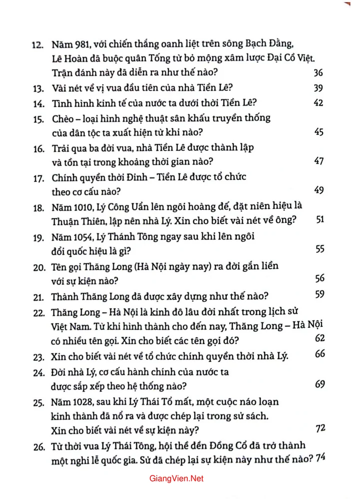 Mục lục chi tiết trang 1 sách Hỏi đáp lịch sử Việt Nam dưới đời Ngô, Đinh, Tiền Lê, Lý, Trần, Hồ