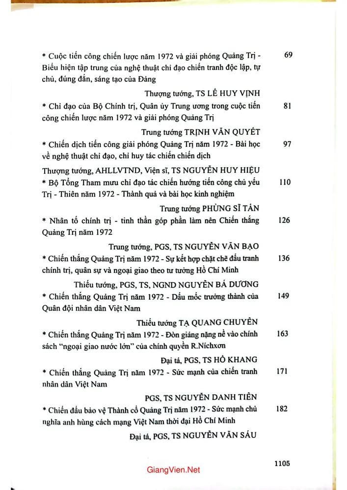 Mục lục chi tiết trang 1 sách Giải phóng Quảng Trị và chiến đấu bảo vệ Thành cổ năm 1972 nửa thế kỷ xây dựng đổi mới và phát triển