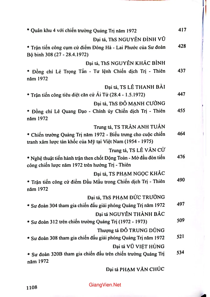 Mục lục chi tiết trang 4 sách Giải phóng Quảng Trị và chiến đấu bảo vệ Thành cổ năm 1972 nửa thế kỷ xây dựng đổi mới và phát triển