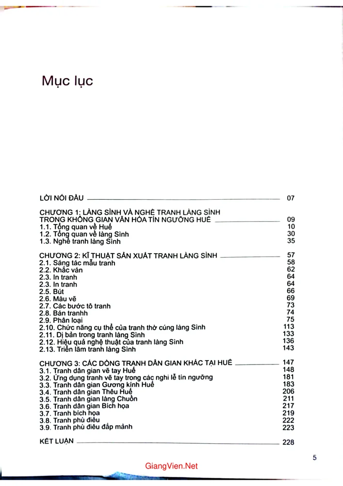 Mục lục chi tiết trang 1 sách Tranh dân gian Huế