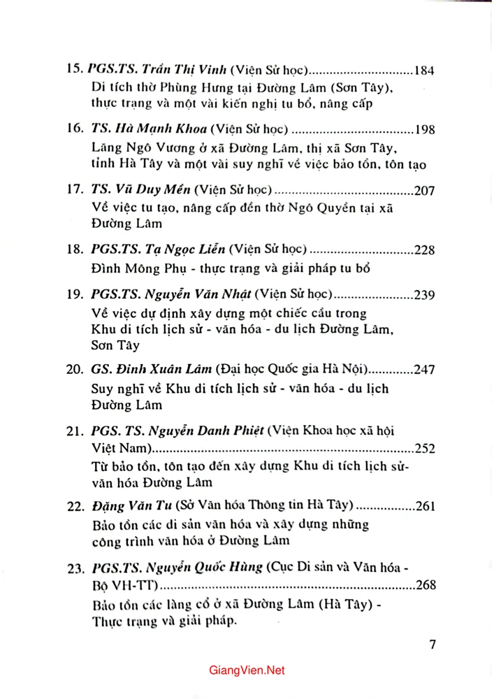 Mục lục chi tiết trang 2 sách Bảo tồn tôn tạo và xây dựng khu di tích lịch sử văn hóa Đường Lâm
