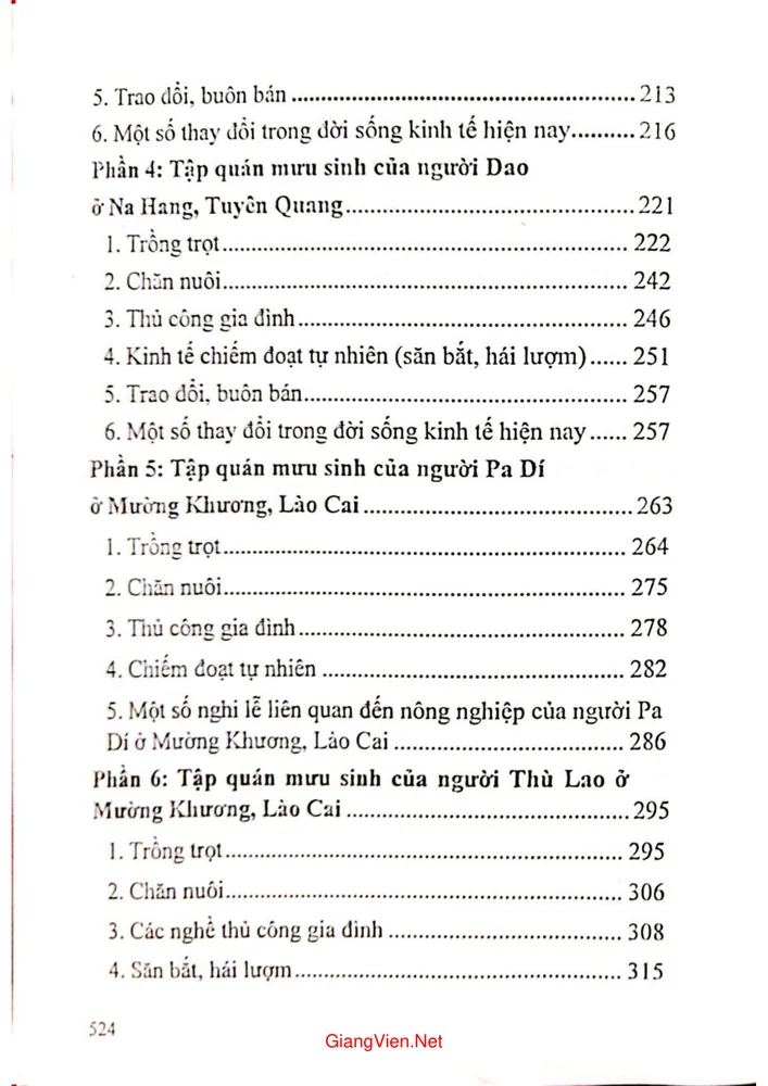 Mục lục chi tiết trang 1 sách Tập quán mưu sinh của các dân tộc thiểu số vùng Đông bắc Việt Nam