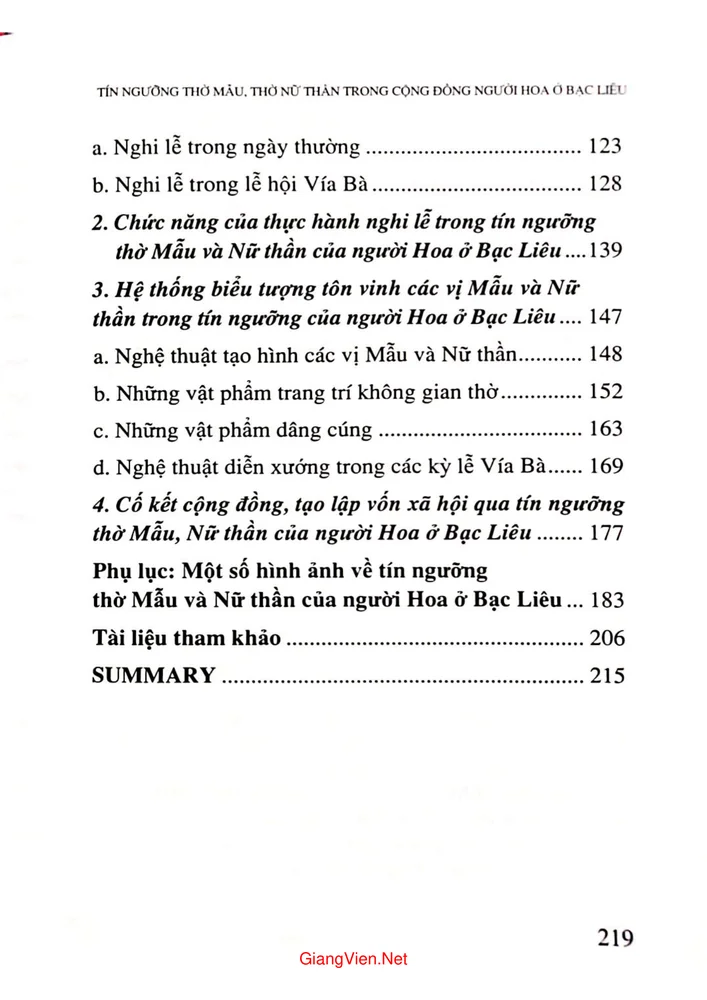 Mục lục chi tiết trang 2 sách Tín ngưỡng thờ mẫu thờ nữ thần trong cộng đồng người Hoa ở Bạc Liêu